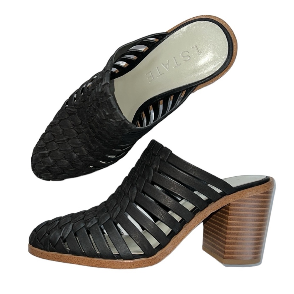 1. State Licha Black Leather Woven Heeled Mules
